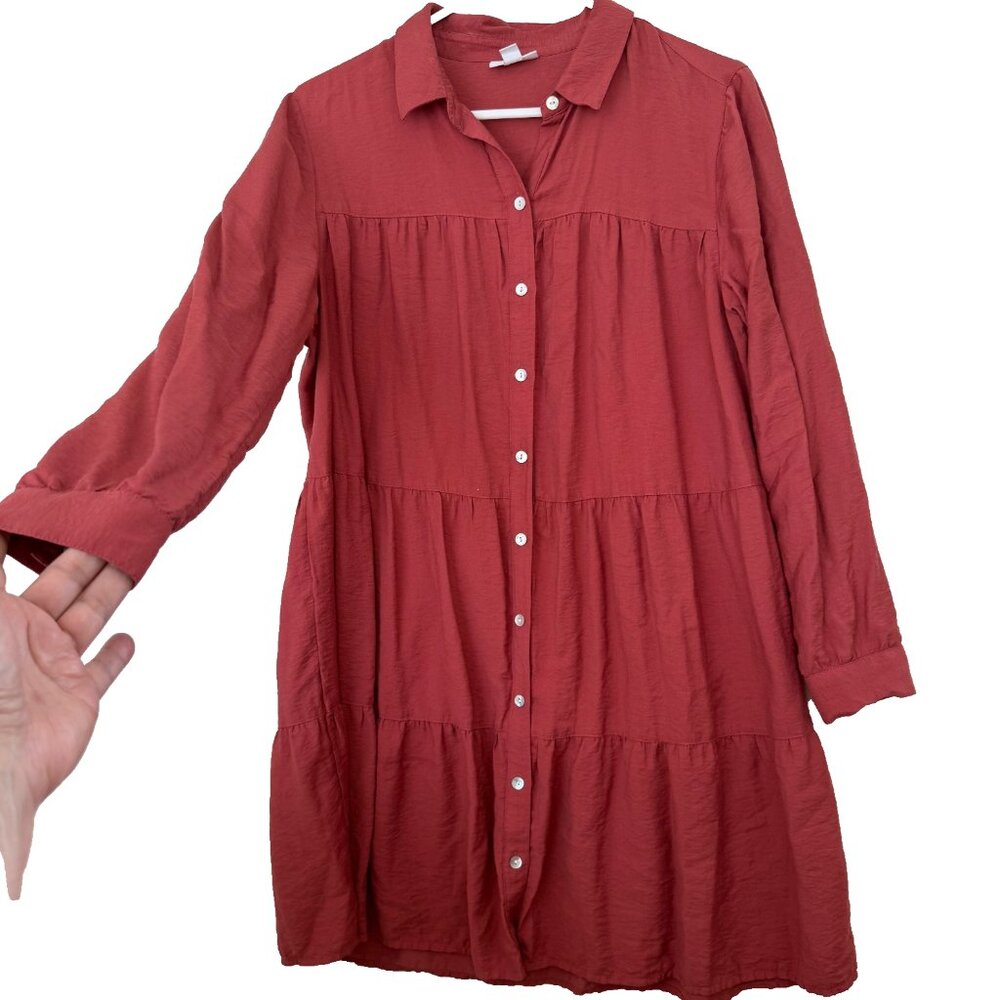 J Jill Terracotta Tiered Midi Shirt Dress Sz MP Button Front Ruffled Cottagecore